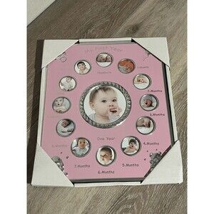 Pink Baby First Year Collage Frame with Spaces for 12 Photos and Newborn